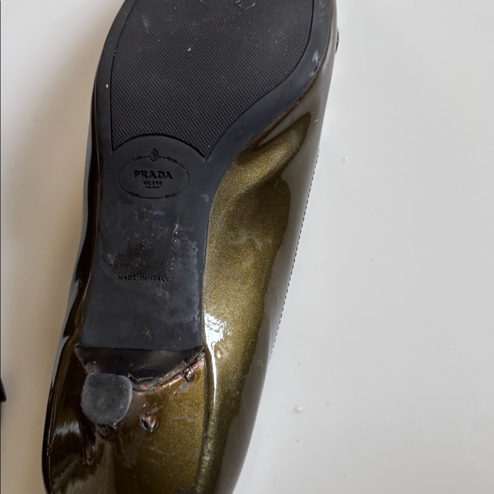Prada Olive Patent Leather Loafers with Silver Hardware - Picture 6 of 8